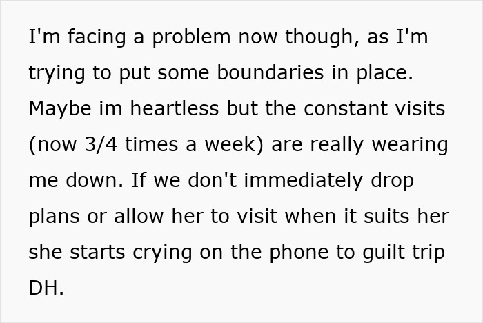 Text from a story about a grieving MIL expecting frequent visits, discussing emotional challenges and boundaries.