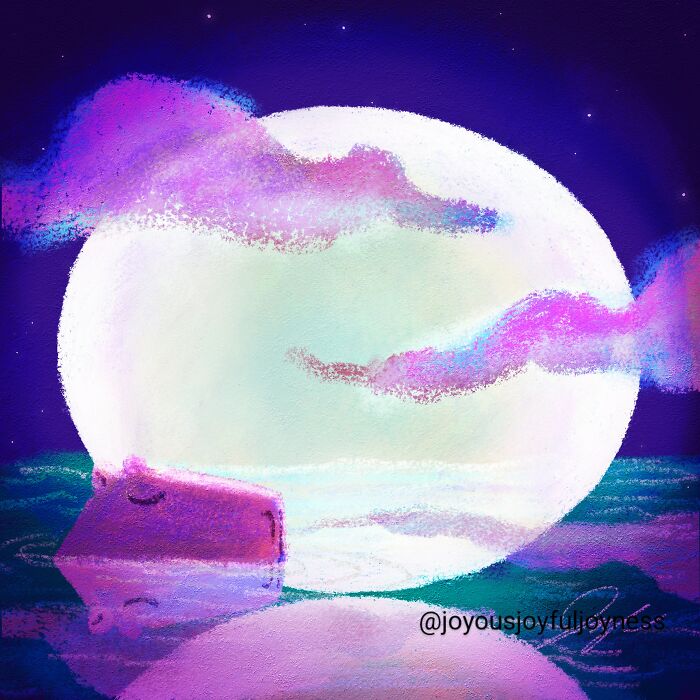 A serene painting of a relaxed capybara floating under a glowing moon in ethereal pastel colors.