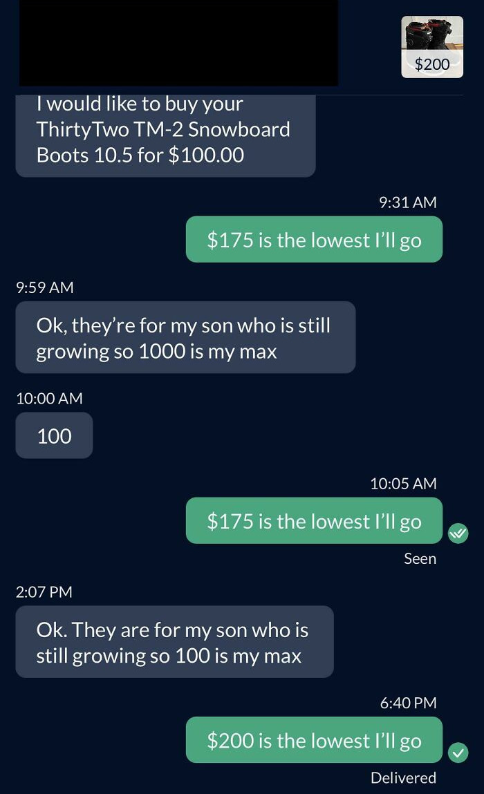 Text message exchange illustrating a negotiation with a choosing beggar about snowboard boots price.