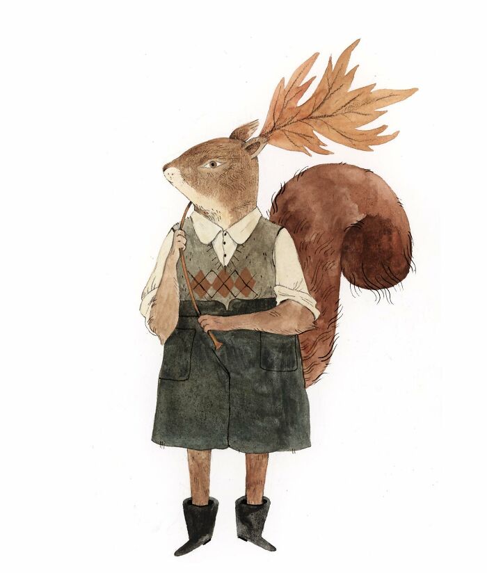 Anthropomorphic squirrel illustration by Taryn Knight, wearing a vest and holding a stick.