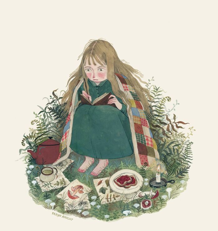 Illustration by Taryn Knight featuring a girl reading under a quilt, surrounded by nature, tea, and snacks.