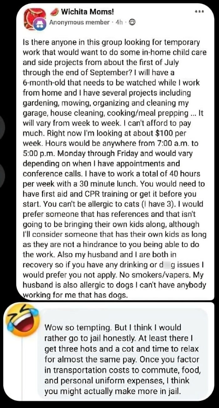 Social media post highlighting a choosing beggar seeking low-cost childcare and home help, with a sarcastic reply.