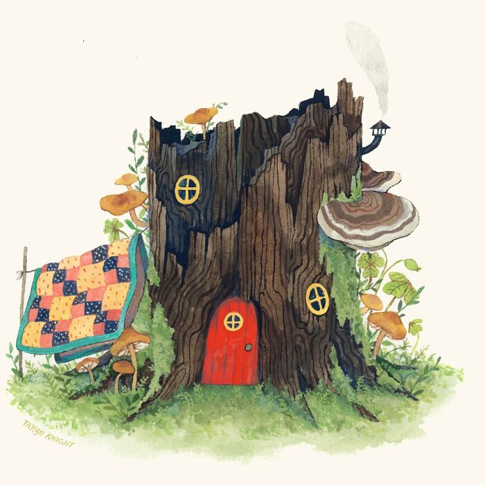 Wholesome illustration by Taryn Knight of a tree stump house with a red door, surrounded by mushrooms and greenery.