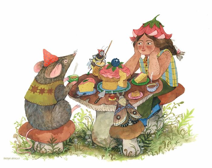 Wholesome illustration by Taryn Knight featuring a girl and a mouse enjoying a tea party on mushroom stools.