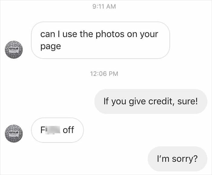 Message exchange showing a choosing beggar refusing to give photo credit when requested.