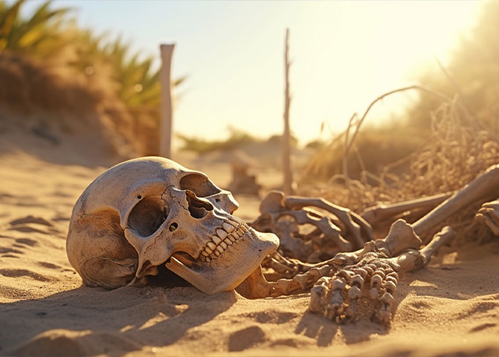 Skeleton partially buried in sand under the sun, illustrating intriguing facts from the "Today I Learned" community.