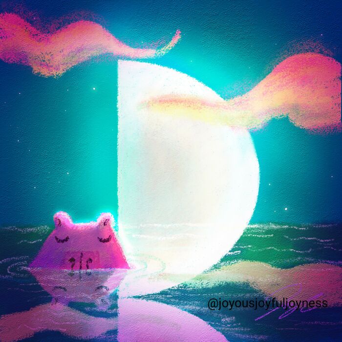 Painting of a serene capybara floating under a crescent moon with pink clouds.