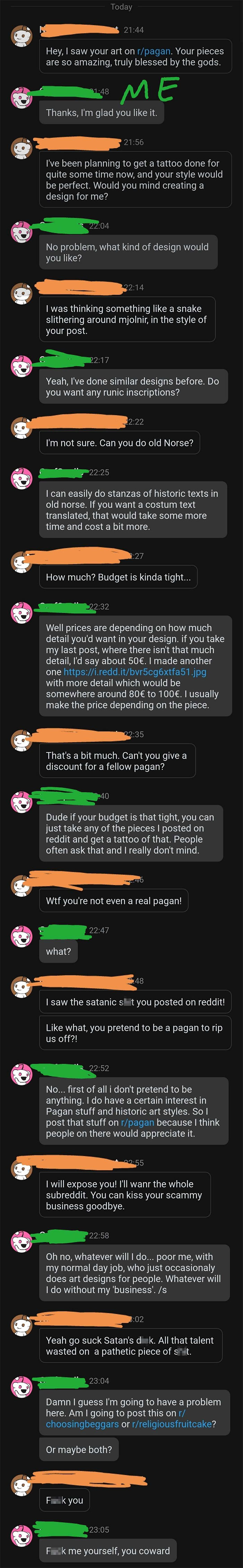 Chat exchange about custom art design where a choosing beggar demands a discount and gets a harsh response.