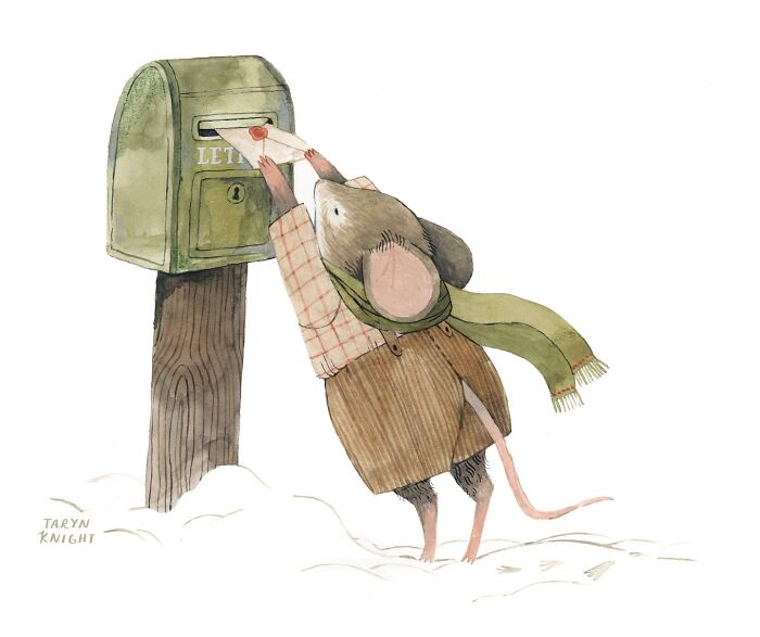 Mouse in a scarf mailing a letter in the snow, from wholesome illustrations by Taryn Knight.