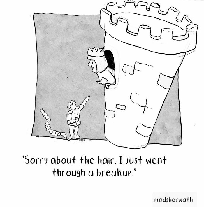 Darkly hilarious comic by Madeline Horwath depicting a princess in a tower with a humorous breakup comment.