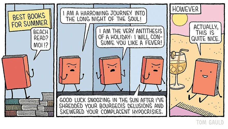 Humorous comic by Tom Gauld featuring animated books discussing summer reads and enjoying a drink on the beach.