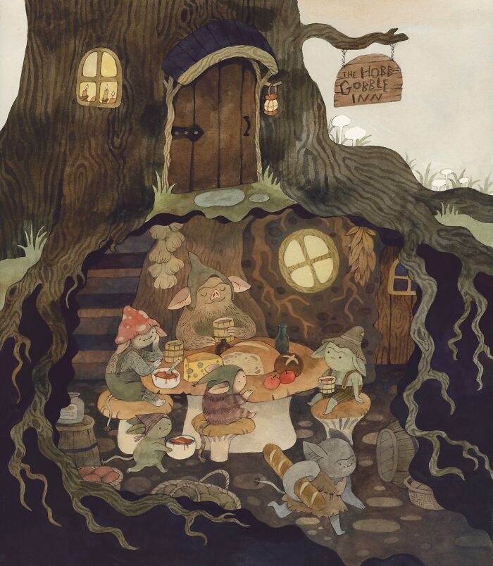 Wholesome illustration by Taryn Knight showing forest creatures dining in a cozy tree house.