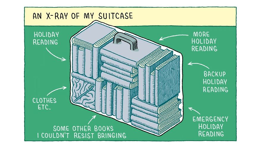 Comic by Tom Gauld depicting a suitcase filled with books labeled as holiday reading.