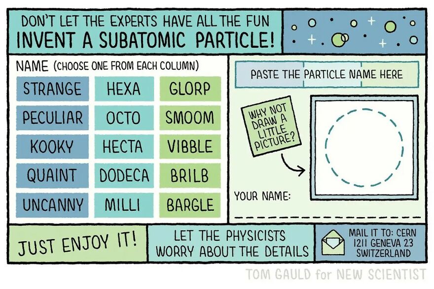 Humorous comic by Tom Gauld for book and science lovers, featuring a subatomic particle naming chart with quirky options.