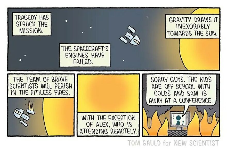 Humorous comic by Tom Gauld depicting a space mission with a humorous twist involving remote work challenges.