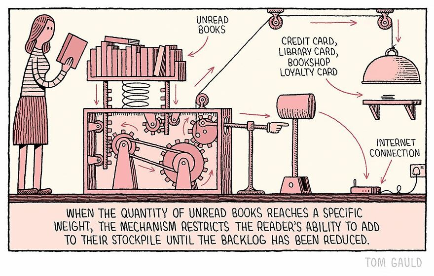 Comic by Tom Gauld illustrating a whimsical machine limiting book purchases for science and book lovers.