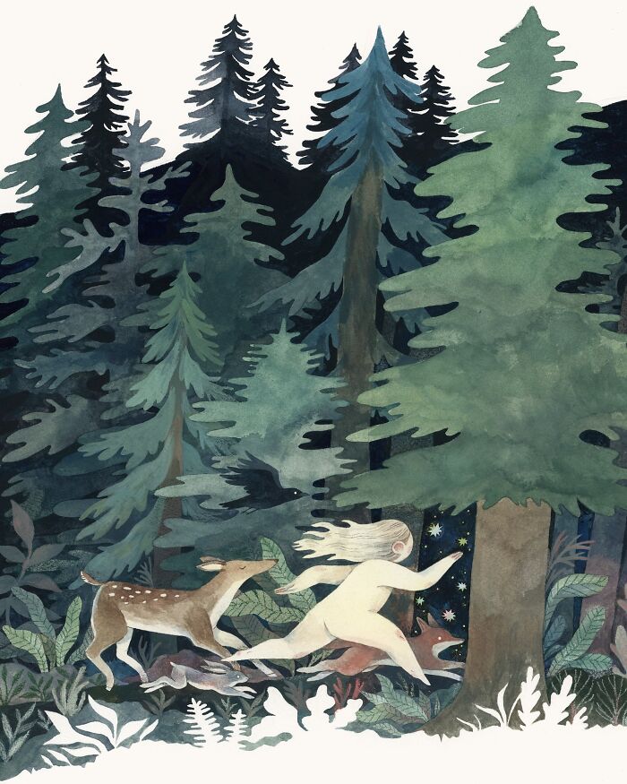 Wholesome illustration by Taryn Knight showing a child and deer running through a mystical forest.