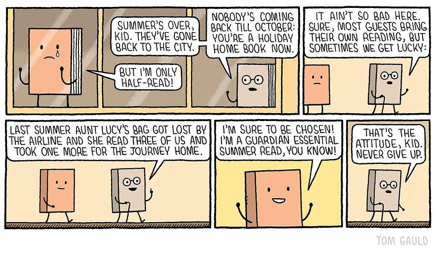 Comic strip by Tom Gauld featuring books discussing summer reading and being hopeful about being chosen again.