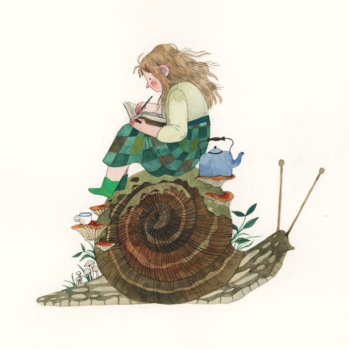 Wholesome illustration by Taryn Knight of a person sketching atop a giant snail with a teapot nearby.