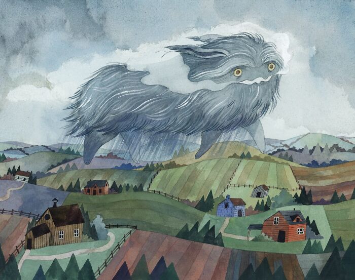 A whimsical creature floats over a countryside landscape in a Taryn Knight illustration.