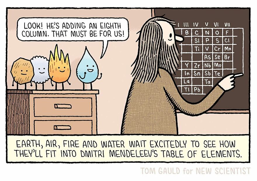 Comical illustration by Tom Gauld featuring elements excited about a change in the periodic table.