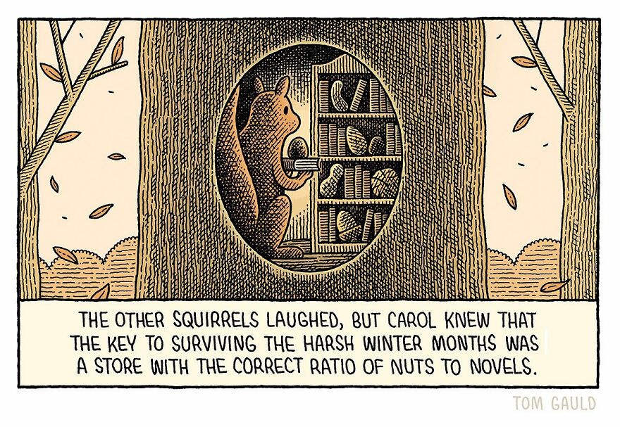 Squirrel in a tree with books and nuts, illustrating humorous comics for book and science lovers by Tom Gauld.