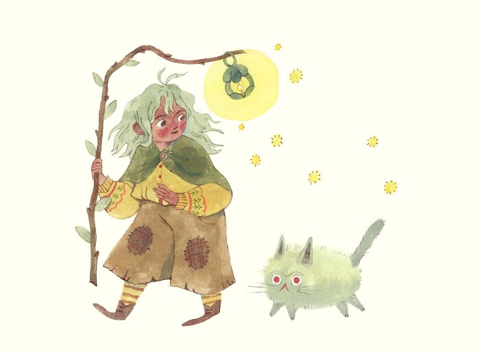 Wholesome illustration by Taryn Knight featuring a character with green hair holding a lantern and a fluffy green cat.