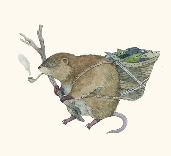 Wholesome illustration of a beaver holding a pipe, carrying a basket of fish.