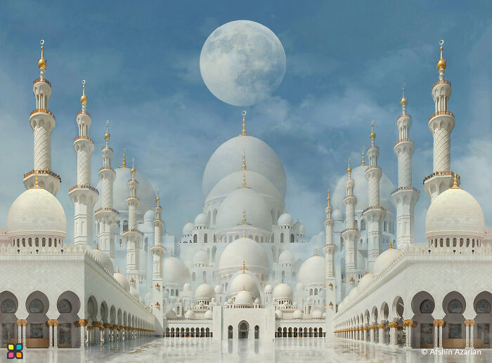 Breathtaking mosque architecture under a full moon, showcasing sustainability-focused photography.