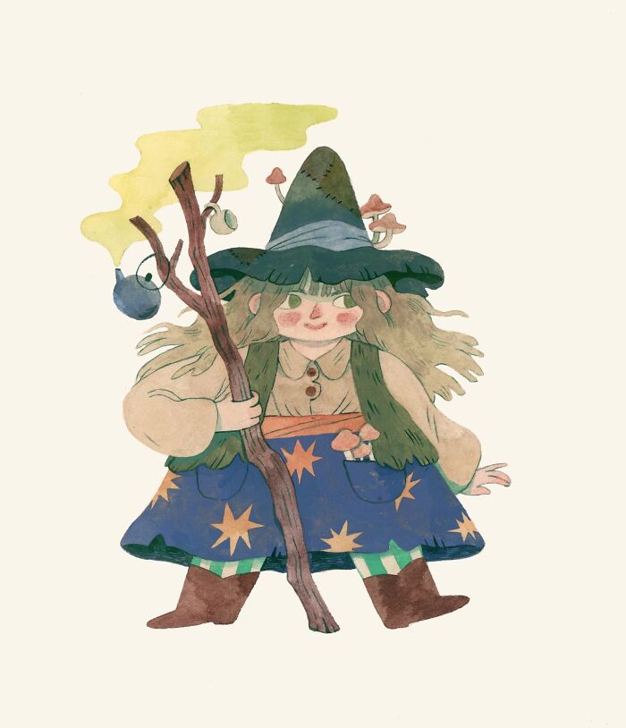 Wholesome illustration of a cheerful figure in a star-patterned outfit and hat holding a staff with mushrooms by Taryn Knight.