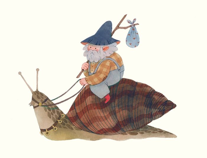 A whimsical illustration by Taryn Knight featuring a bearded man riding a large snail with a bundle on a stick.