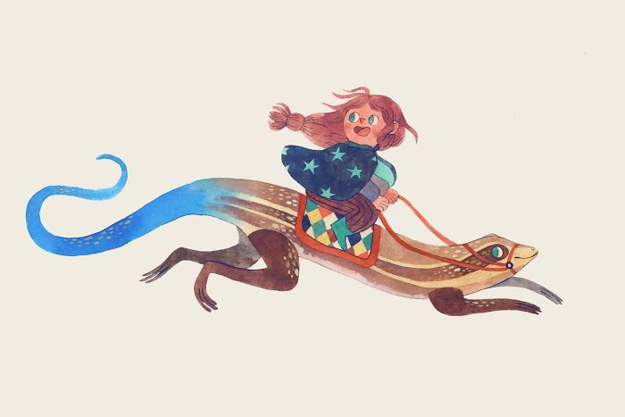 Wholesome illustration of a child riding a colorful lizard, artwork by Taryn Knight.