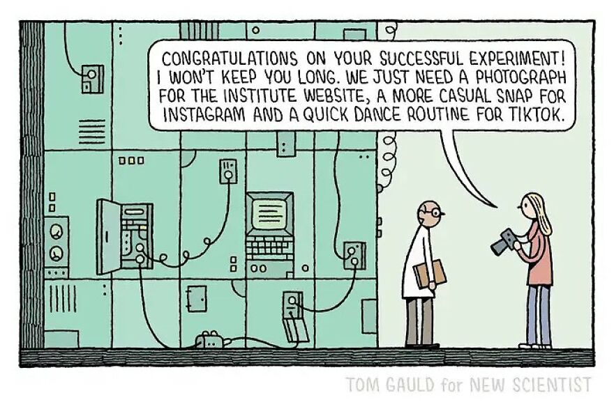 Scientist and woman in lab discussing photo ops for various media platforms. Humorous comic by Tom Gauld for book and science lovers.