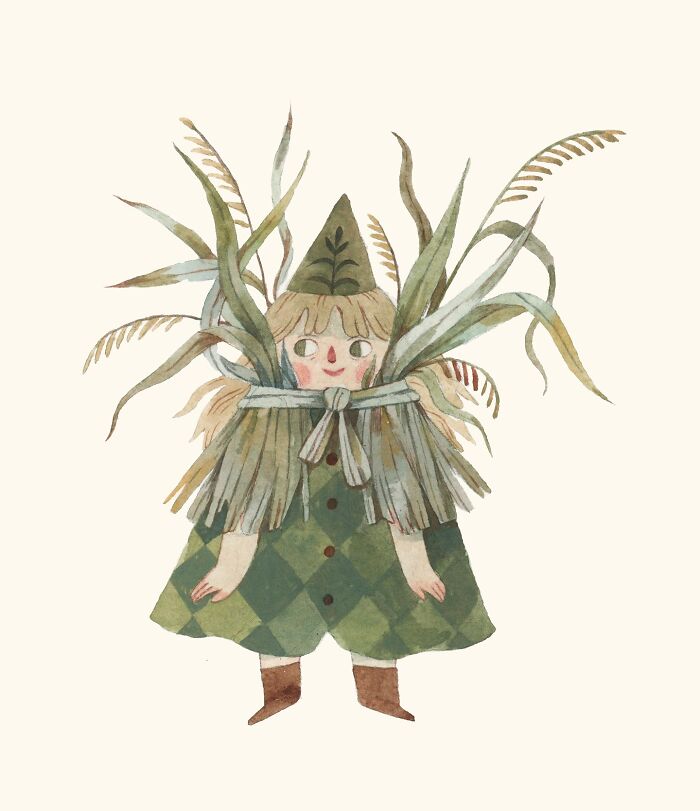 Wholesome illustration by Taryn Knight featuring a figure in a green dress adorned with foliage and a pointed hat.