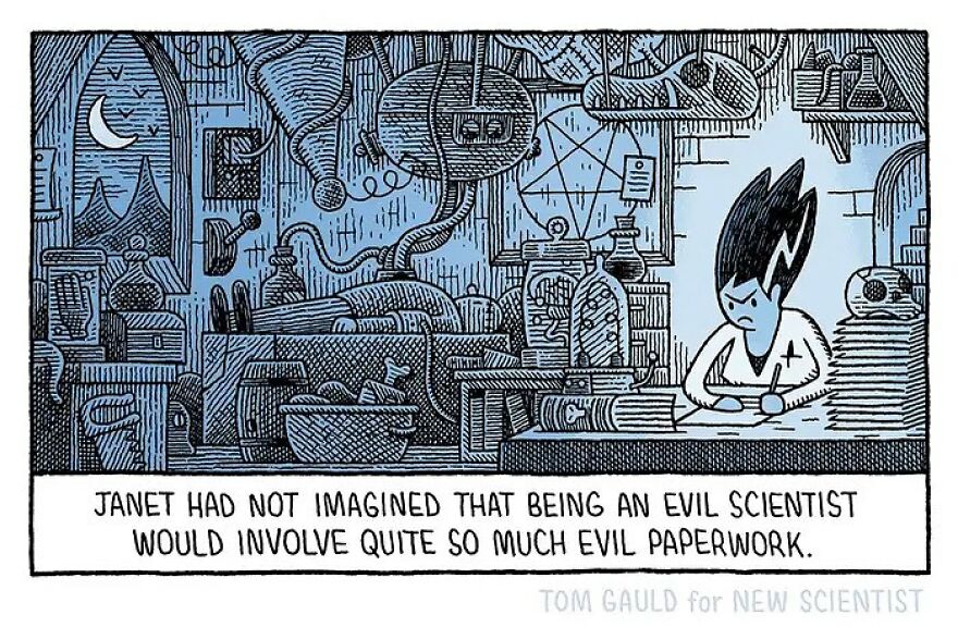 Humorous comic by Tom Gauld featuring an evil scientist overwhelmed with paperwork in a lab setting.