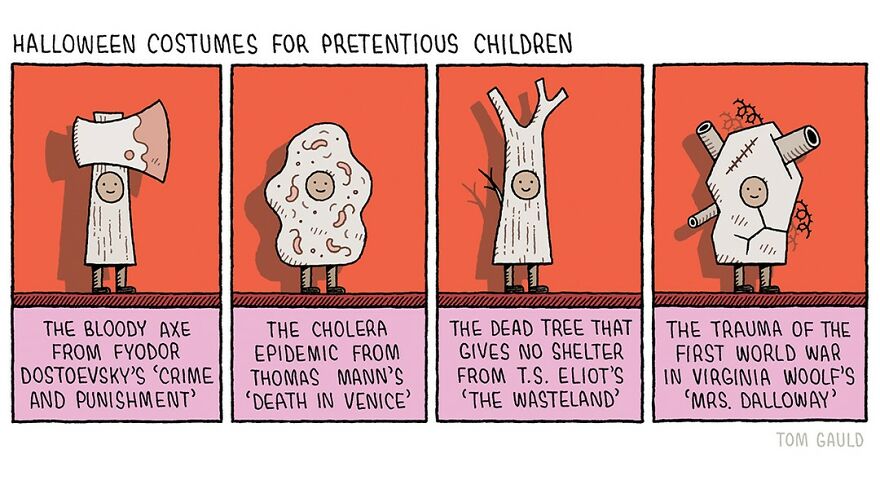 Humorous Tom Gauld comic depicting literary-themed Halloween costumes for children, featuring axe, cholera, tree, and trauma.