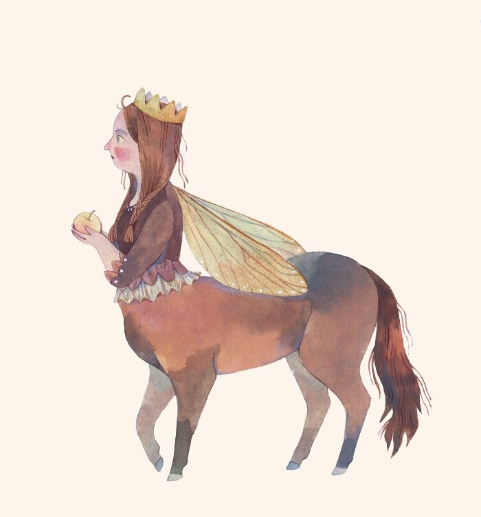 A whimsical illustration by Taryn Knight of a centaur with fairy wings holding an apple, wearing a crown.