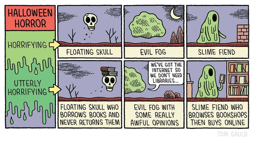 Humorous comic by Tom Gauld depicting Halloween horrors for book lovers, featuring a skull, fog, and a slime fiend.