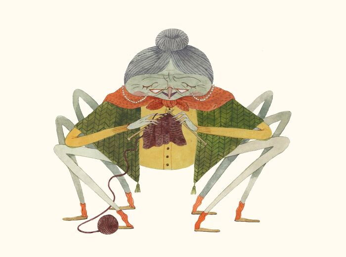 Spider knitting in a cozy shawl, illustrated by Taryn Knight.