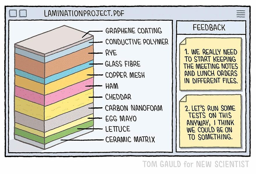 Comic by Tom Gauld featuring a layered project PDF blending scientific materials with food items for book and science lovers.