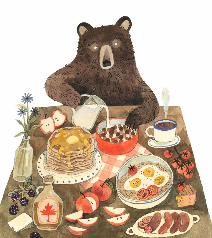 Wholesome illustration featuring a bear enjoying a hearty breakfast with pancakes, cereal, and fruit.