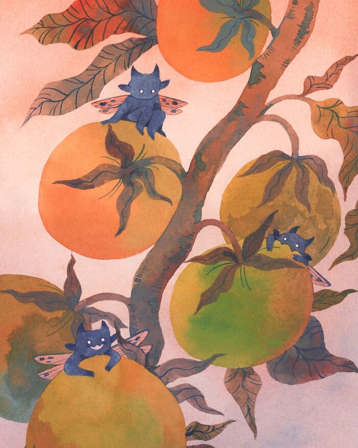 Wholesome illustration of playful creatures sitting on orange and green fruits, created by Taryn Knight.