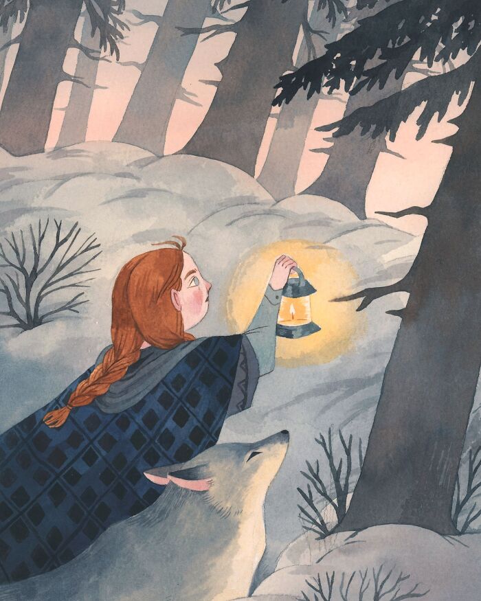 A whimsical illustration by Taryn Knight showing a girl with a lantern and a loyal wolf in a snowy forest.