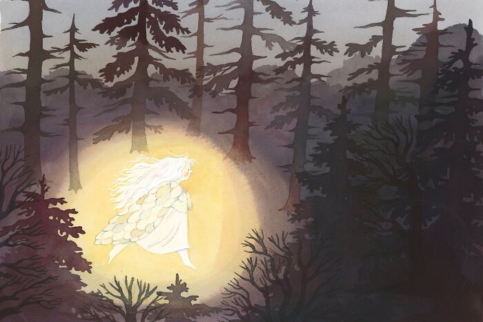 Wholesome illustration by Taryn Knight depicting a glowing figure in a dark forest.