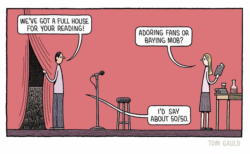 Comic by Tom Gauld with two characters discussing a full house for a book reading, combining humor and literary themes.