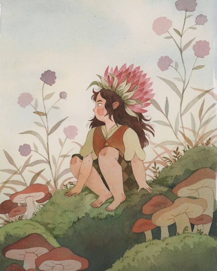 A girl in a floral crown sits among mushrooms and plants, illustrated by Taryn Knight.