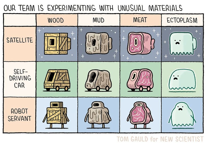 Comic by Tom Gauld showing humorous science experiments with satellites, self-driving cars, and robots using unusual materials.