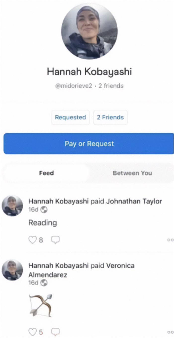 Hannah Kobayashi payment history in app, related to missing woman case and mysterious transactions.