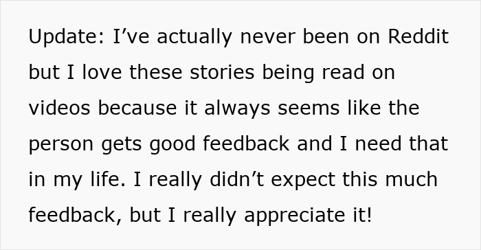 Text post about receiving feedback on stories, mentioning Reddit and appreciation for audience engagement.