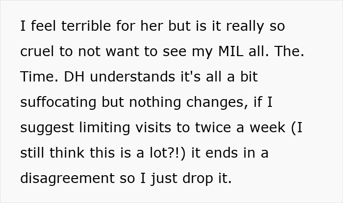 Text discussing a suffocating relationship with a grieving MIL and the challenges in setting visit boundaries.